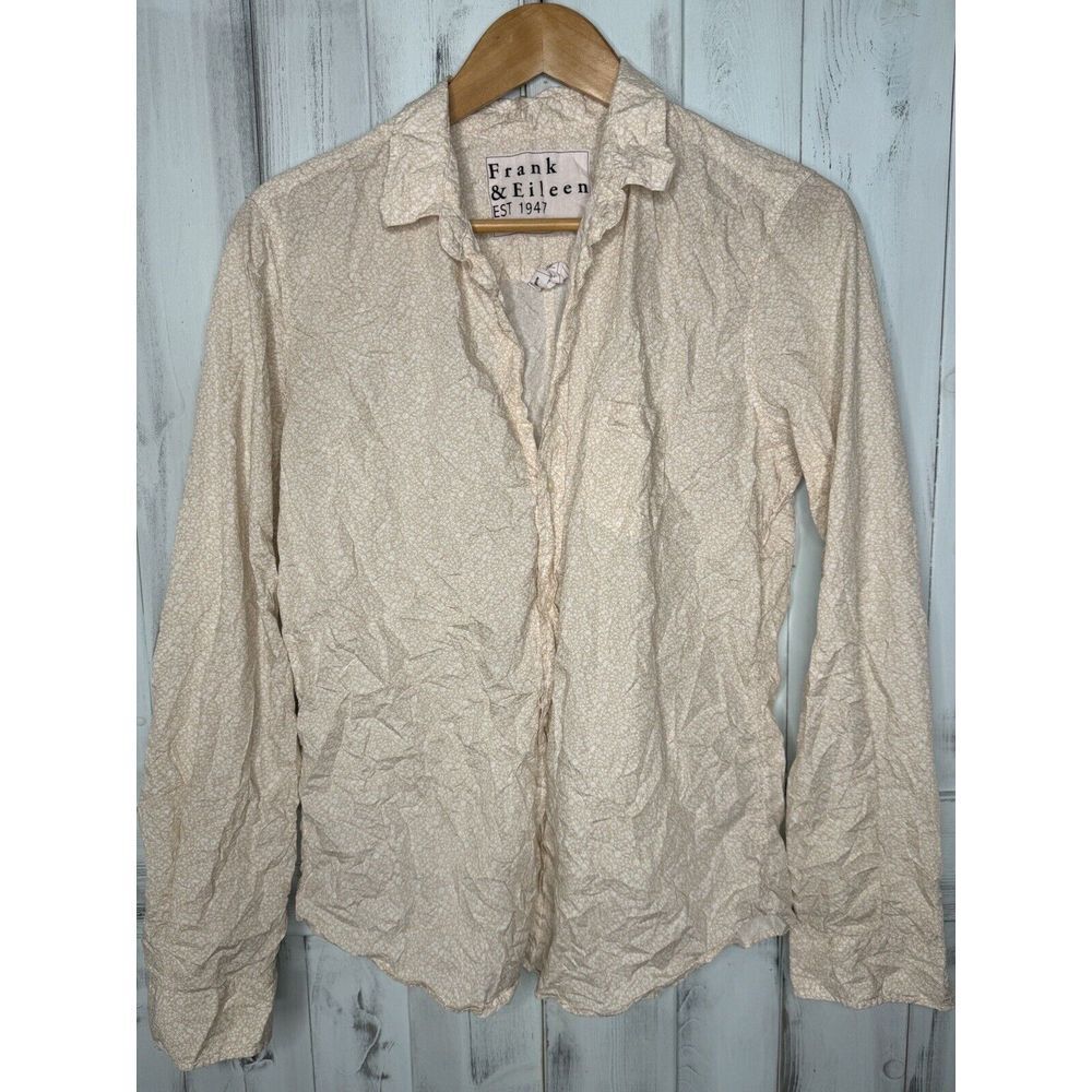 FRANK & EILEEN BARRY CRINKLE 100% COTTON BEIGE WHITE FLORAL BUTTON UP SHIRT LG